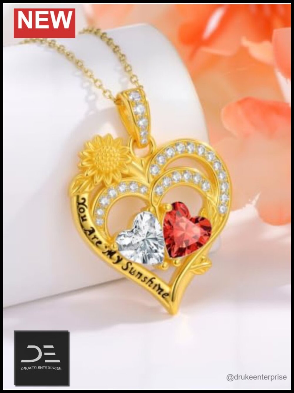 14K Gold Sunflower Heart Necklace with Double Birthstones You Are My Sunshine - Picture 4 of 6